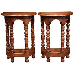 Pair of Mid-20th Century Carved Walnut Demilune Side Tables with Turned Legs