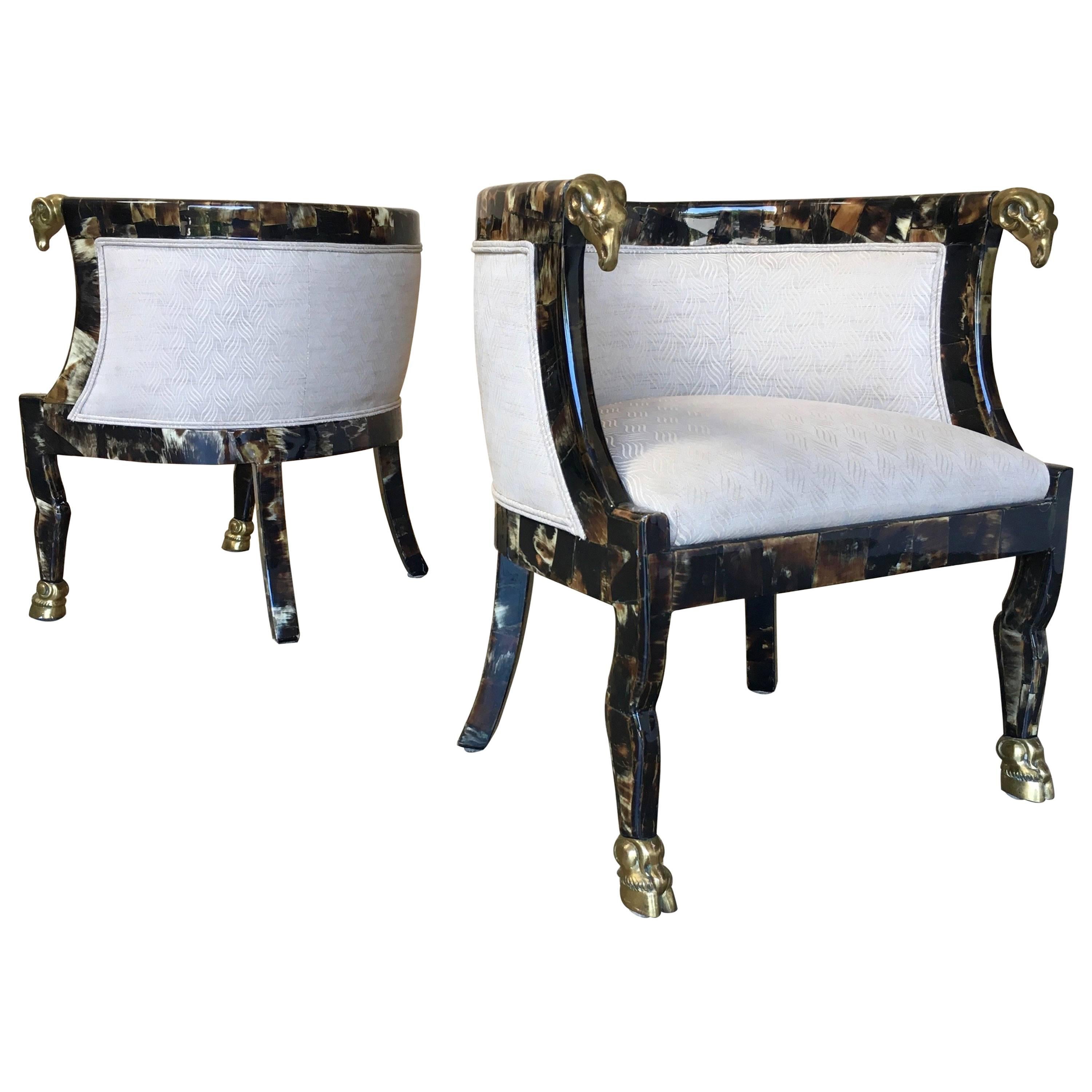 Pair of Steer Horn Covered Barrel Chairs with Brass Ram Heads