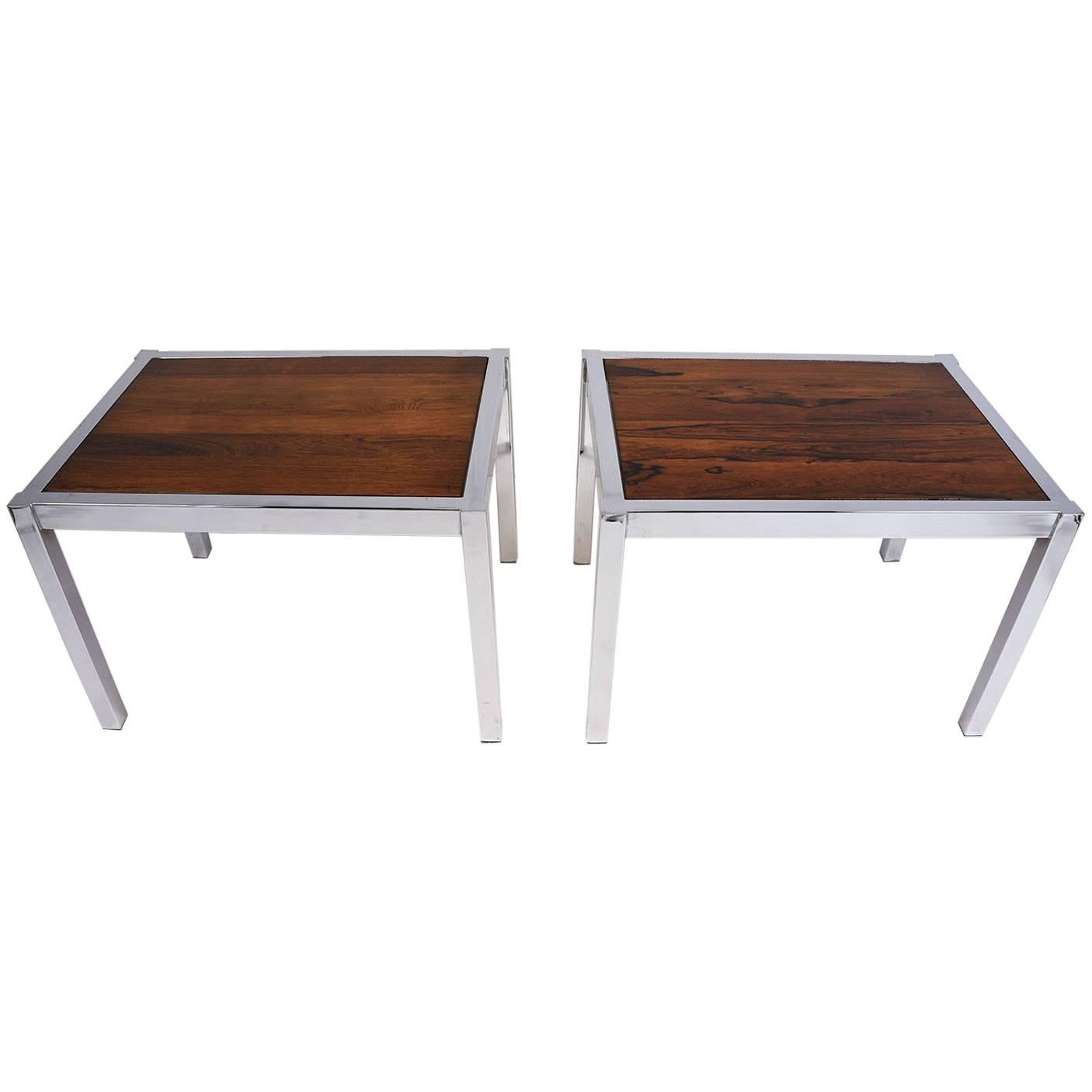 Pair of Mid-Century Modern Chrome and Wood Side Tables