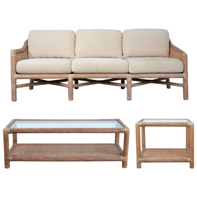 Signed McGuire Rattan Outdoor Patio Set with Sofa, Coffee Table and