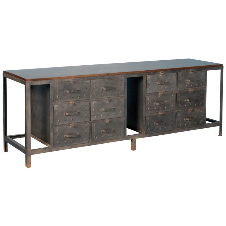 Industrial Looking MultiDrawer Metal Sideboard with Hardwood Top at