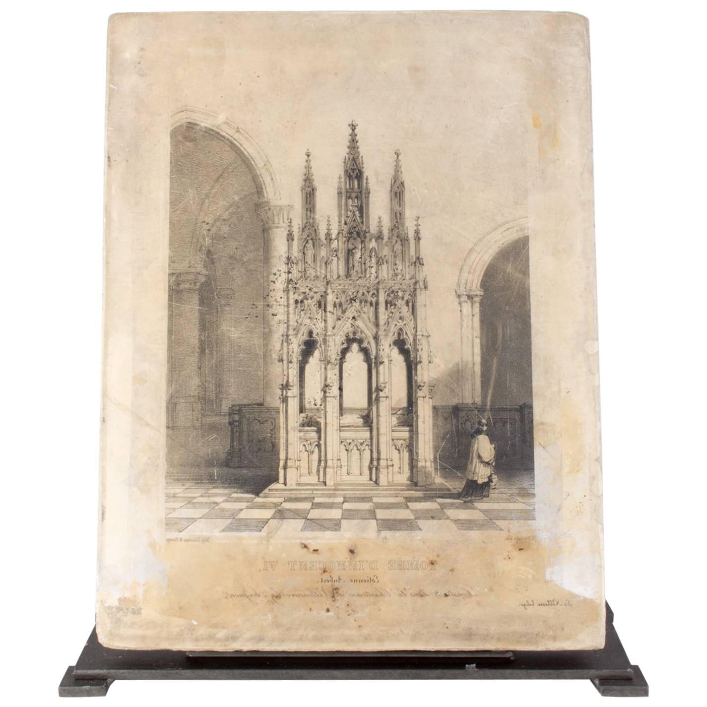 Original 19th Century French Lithographic Stone of the Tomb of Pope Innocent VI