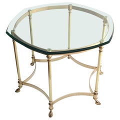 Hexagonal Brass Side Table with Glass Top and Goat Feet