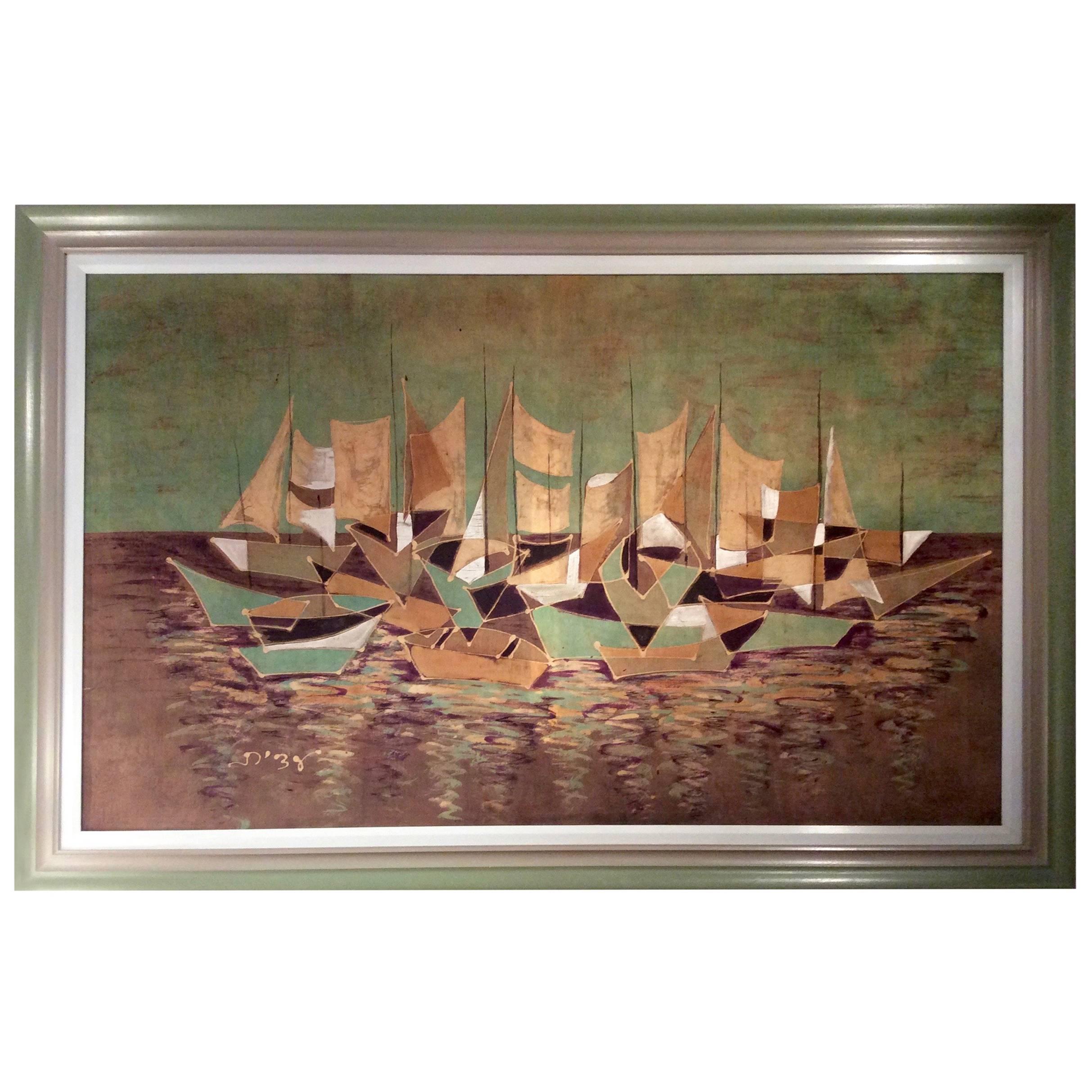 Art Deco Batik Art Work in Painted Wooden Frame
