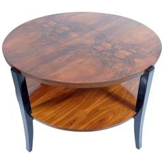 Big Art Deco Round Walnut Burl Double Shelves Coffee Table