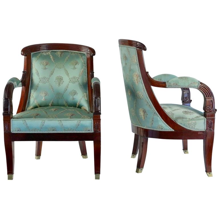 Pair of French Empire Style Mahogany Antique Armchairs Early 20th