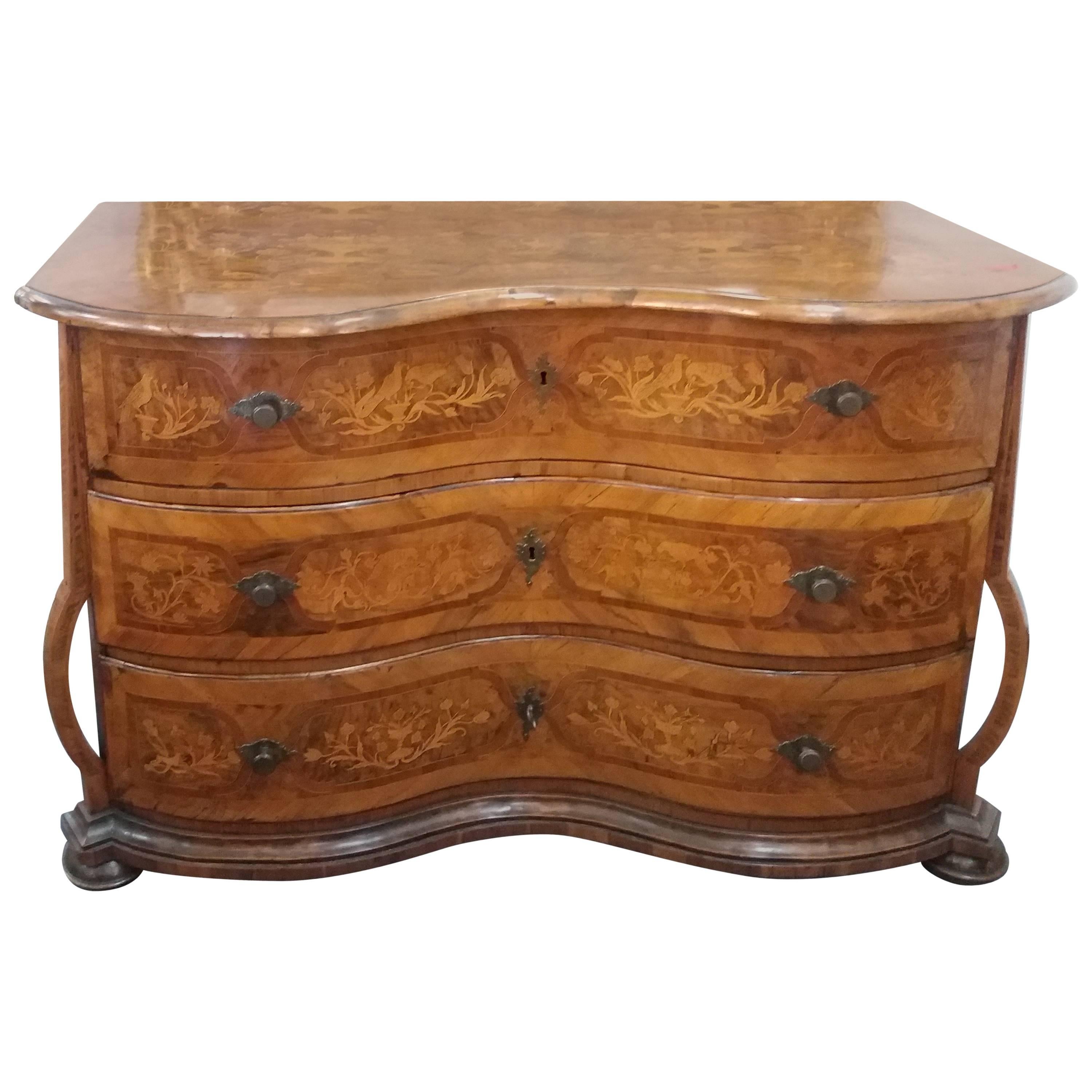 18th Century Louis XV Inlaid Walnut Wood Swiss Chest of Drawers, 1750s For Sale