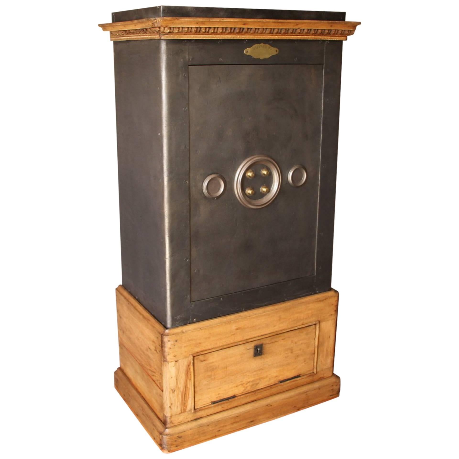 Large Black Steel, Iron and Wood Safe with Keys and Working Combination