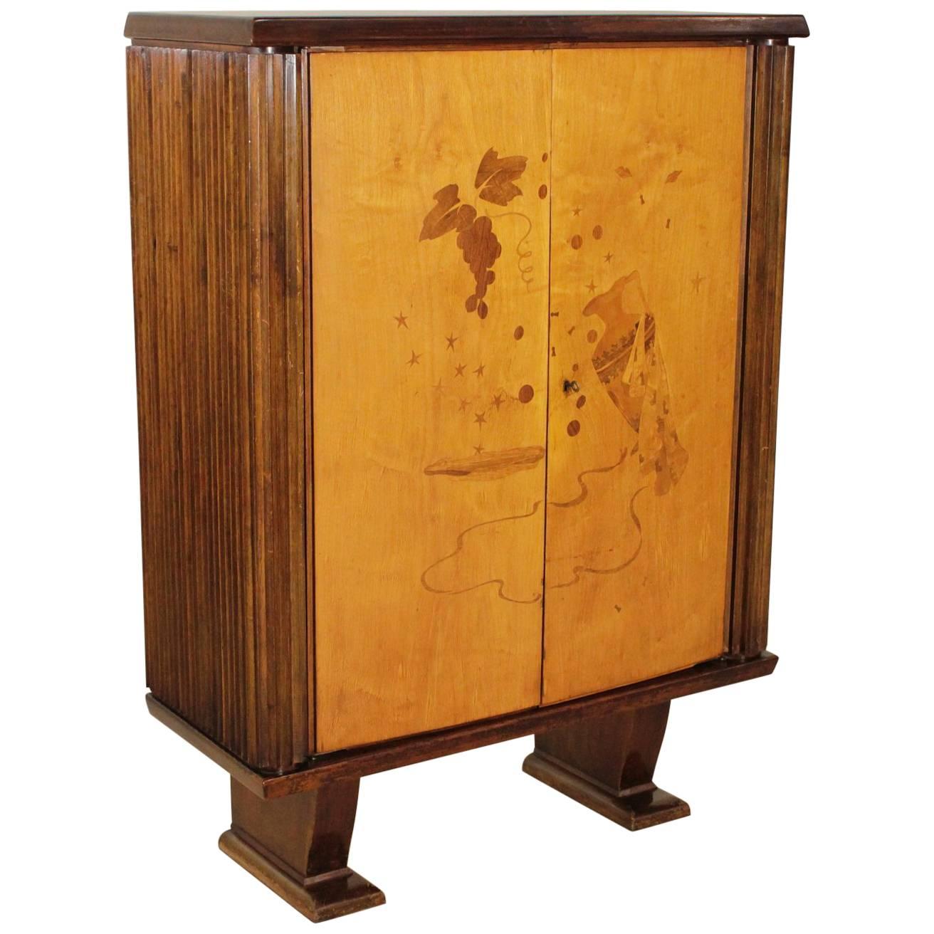 Cabinet Walnut Birch Veneer Inlaid Decorations Vintage, Italy, 1940s-1950s