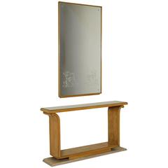 Console Mirror Maple Veneer Glass Vintage, Italy, 1940s-1950s