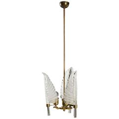 Ceiling Lamp Brass Blown Glass-Blown Leaves Vintage Manufactured in Italy, 1940s
