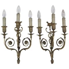 Pair of Elegant Gilded Bronze Wall Lamps, Italy, Early 20th Century