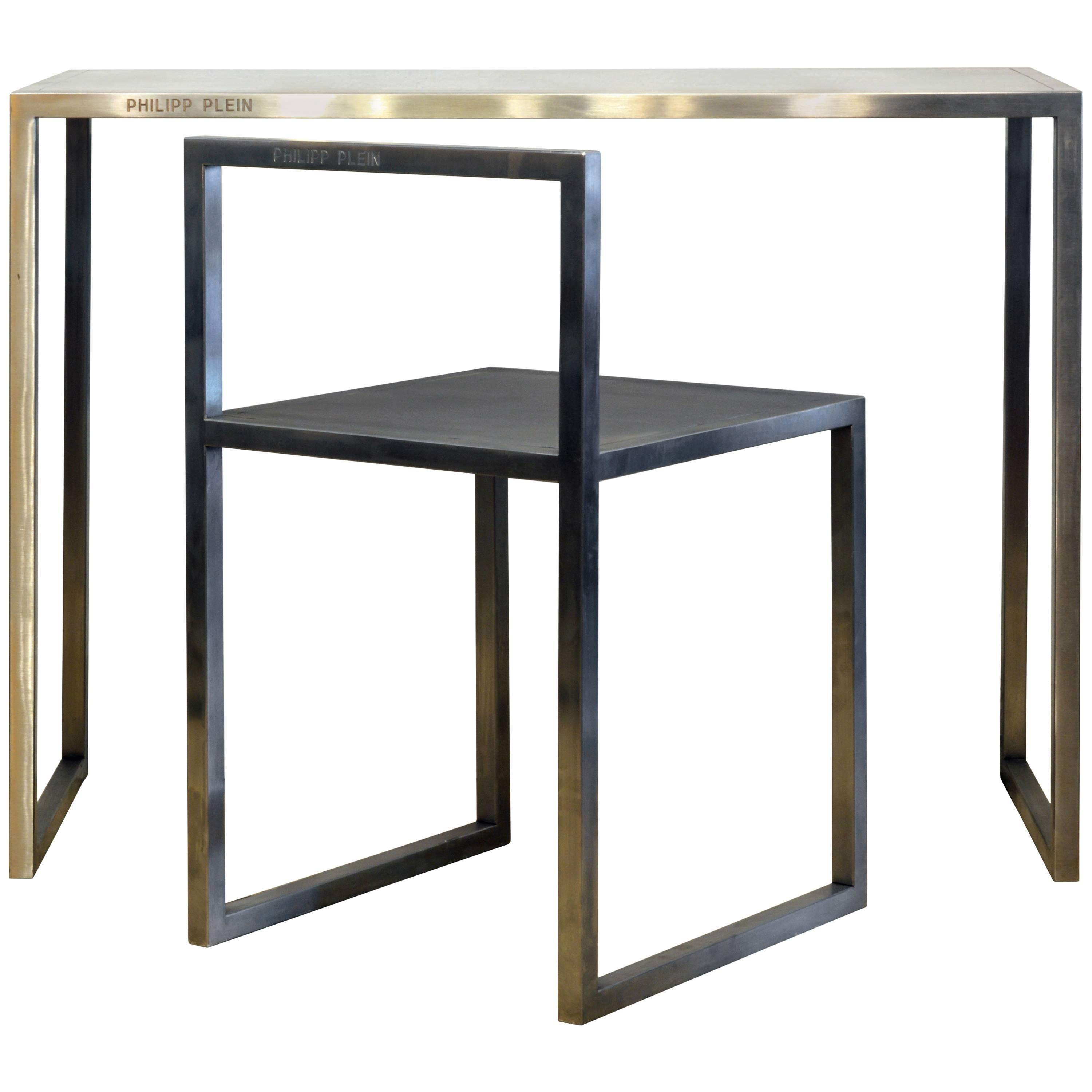 Original Philipp Plein Design Stainless Steel Bauhaus Style Work Table and Chair