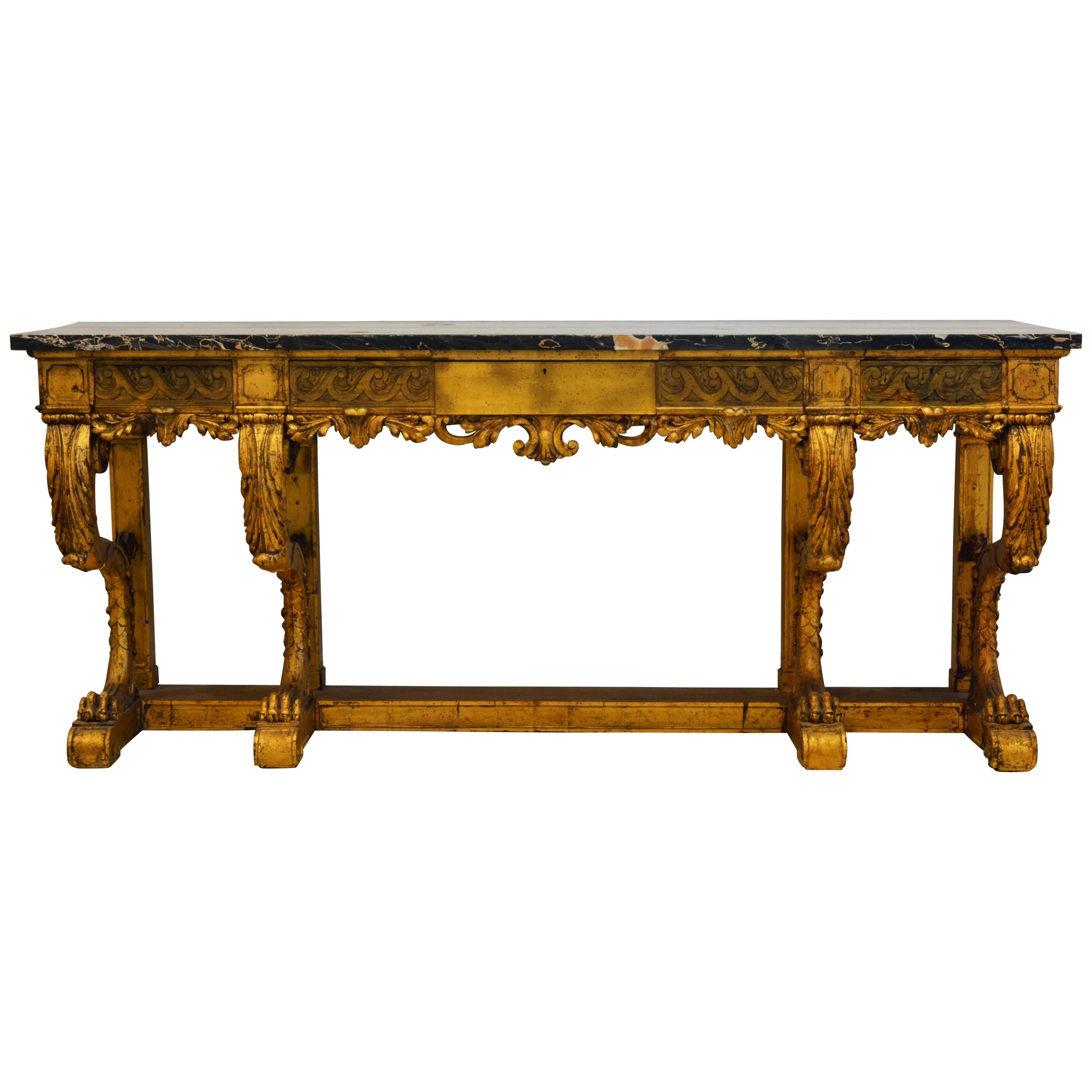 Palatial Early 20th Century Italian Carved Giltwood and Marble-Top Console Table