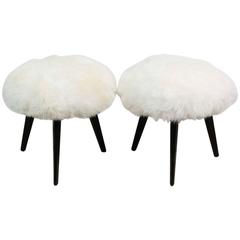 1960s Pair Knoll Antimott Black Lacquered Tripod Sheepskin Stools, Labelled