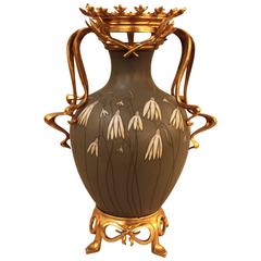 Mettlach Art Nouveau Pottery Vase with Dore Bronze Decoration