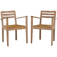 Pair of 1940s Limed Oak Armchairs by Charles Dudouyt