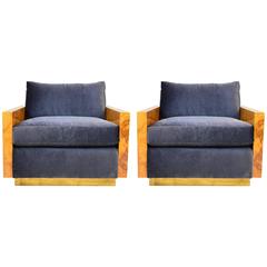 Pair of Milo Baughman Burl Wood Cube Lounge Chairs