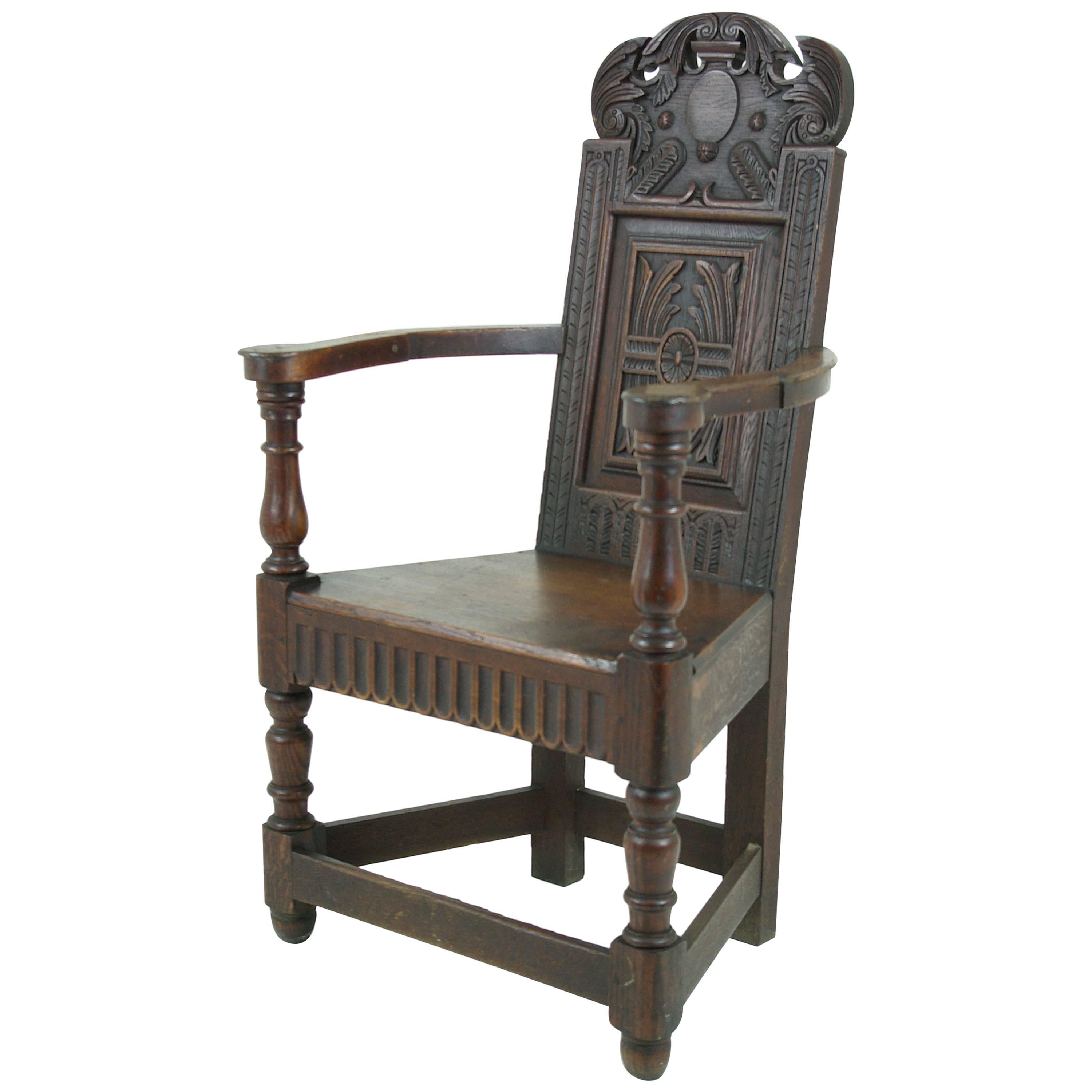 Carved Hall Chair, Oak, Solid Seat, Scotland 1840, B541 REDUCED!!