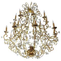 Antique Italian Late 19th Century Wood and Iron Chandelier with Roses in Porcelain