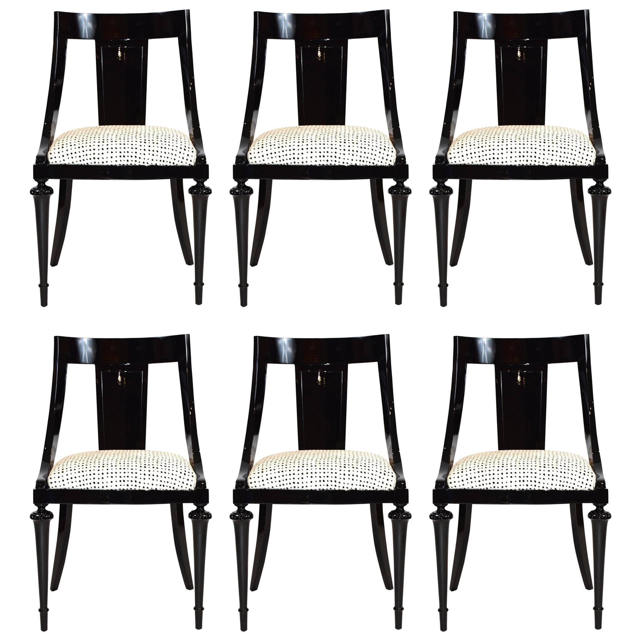Set of Six Black Lacquered Regency Style Dining Chairs