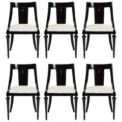 Four Regency Style Ebony Bamboo Upholstered Dining Chairs For Sale at
