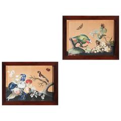 Pair of Samuel Dixon ‘Basso Relievo’ Watercolors of Birds and Flowers 3