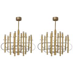 Pair of 1970s Brass Chandeliers by Gaetano Sciolari