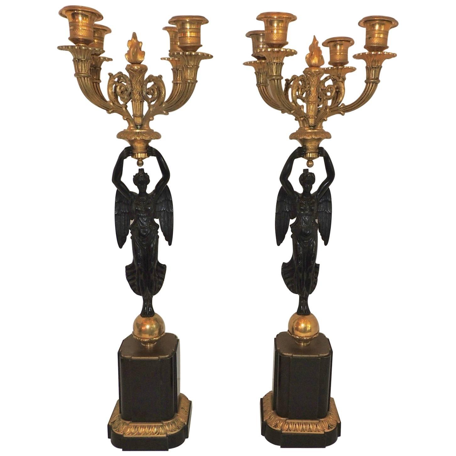 Wonderful Pair French Empire Dore Bronze Gilt Patinated Figural Candelabras