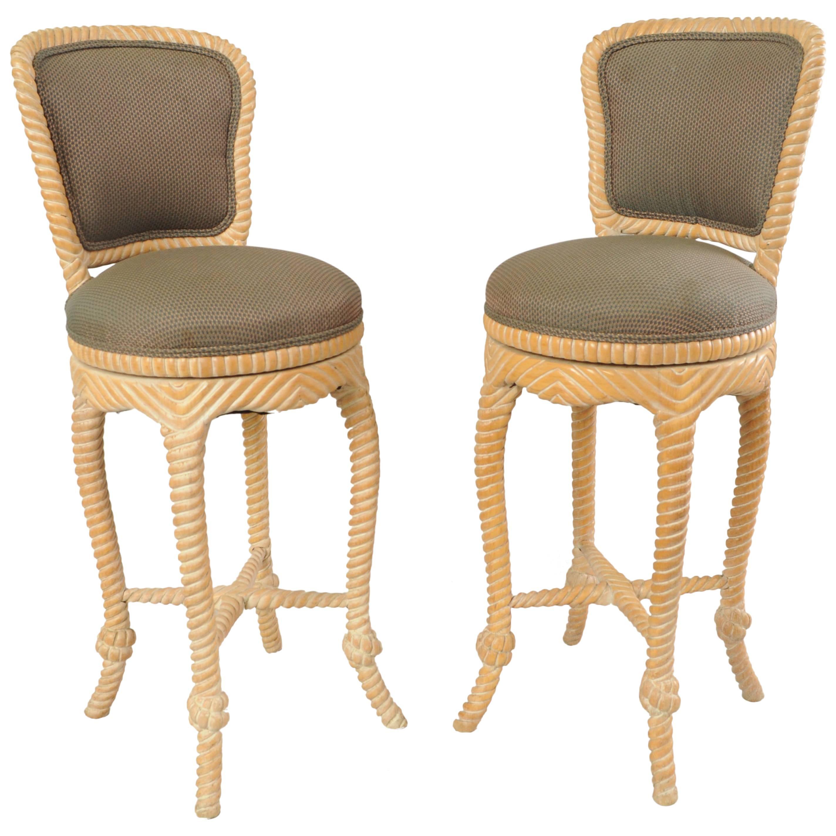 Pair of Vintage Italian Carved Wood Rope and Tassel Swivel Bar Stools Chairs For Sale