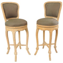Pair of Vintage Italian Carved Wood Rope and Tassel Swivel Bar Stools Chairs
