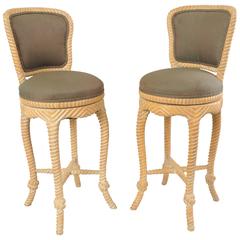 Pair of Vintage Italian Carved Wood Rope and Tassel Swivel Bar Stools Chairs 1