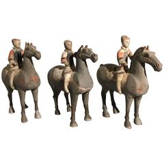 Set of Three Chinese Han Dynasty Painted Pottery Horse and Riders, TL Tested