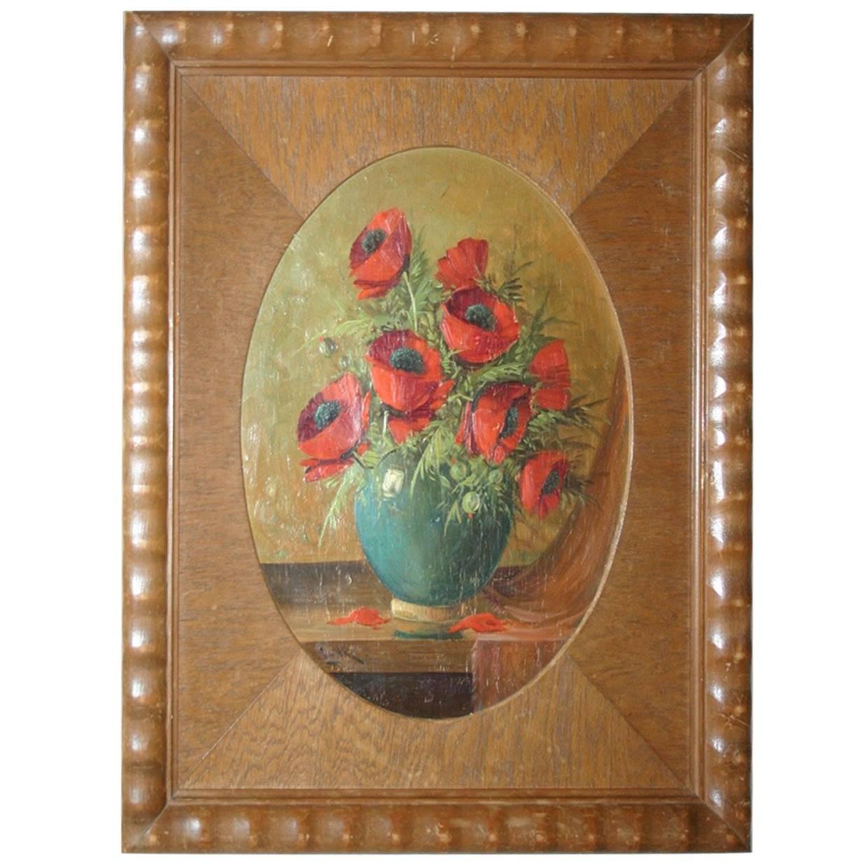 Peinture sur bois des années 1920 représentant un bouquet de coqs dans un vase dans un cadre passe-partout Art Déco