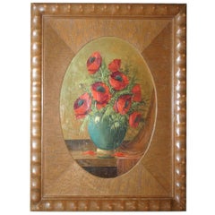 Pintura de los años 20 sobre madera Ramo de amapolas en jarrón en marco Art Déco Passe Partout