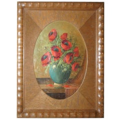 Vintage 1920s Painting on Wood Poppy Bouquet in Vase in Art Deco Passe Partout Frame