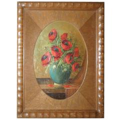 1920s Painting on Wood Poppy Bouquet in Vase in Art Deco Passe Partout Frame 4