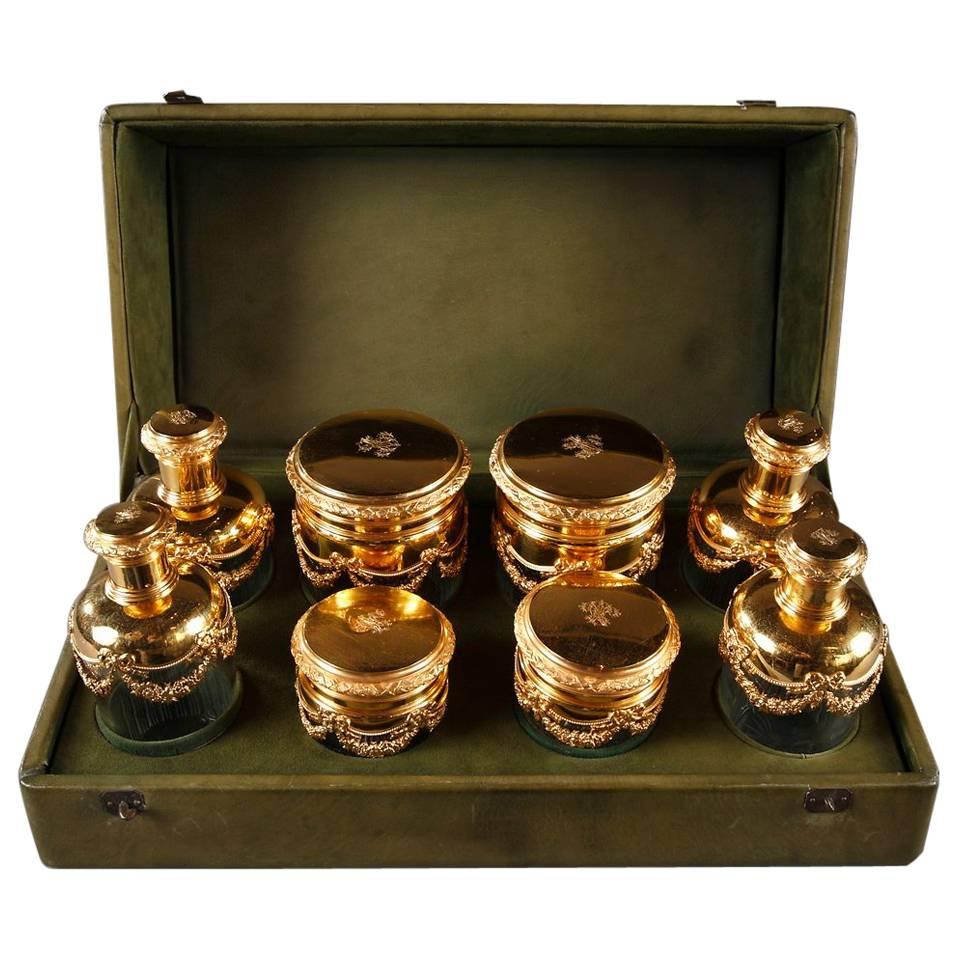 20th Century Vanity Set in Silver-Gilt and Crystal, Signed Keller