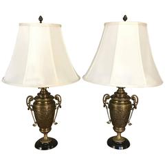 Pair of 19th Century French Bronze and Slate Napoleon III Period Urn Lamps