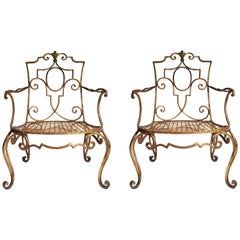 Pair of Jean Charles Moreux Gilt Iron Lounge Chairs