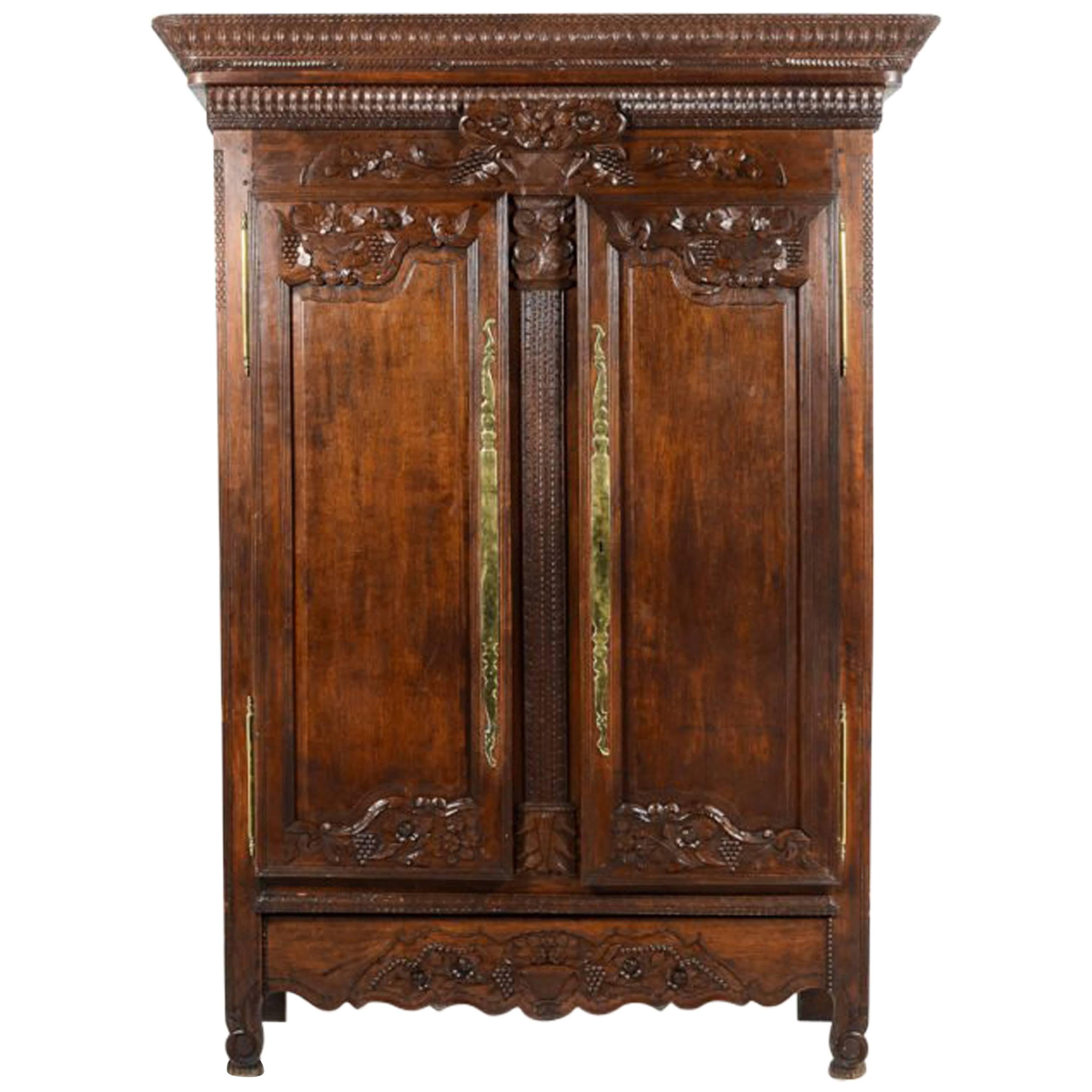 Antique French Hand-Carved "Marriage" Armoire in Oak and Brass, 19th Century