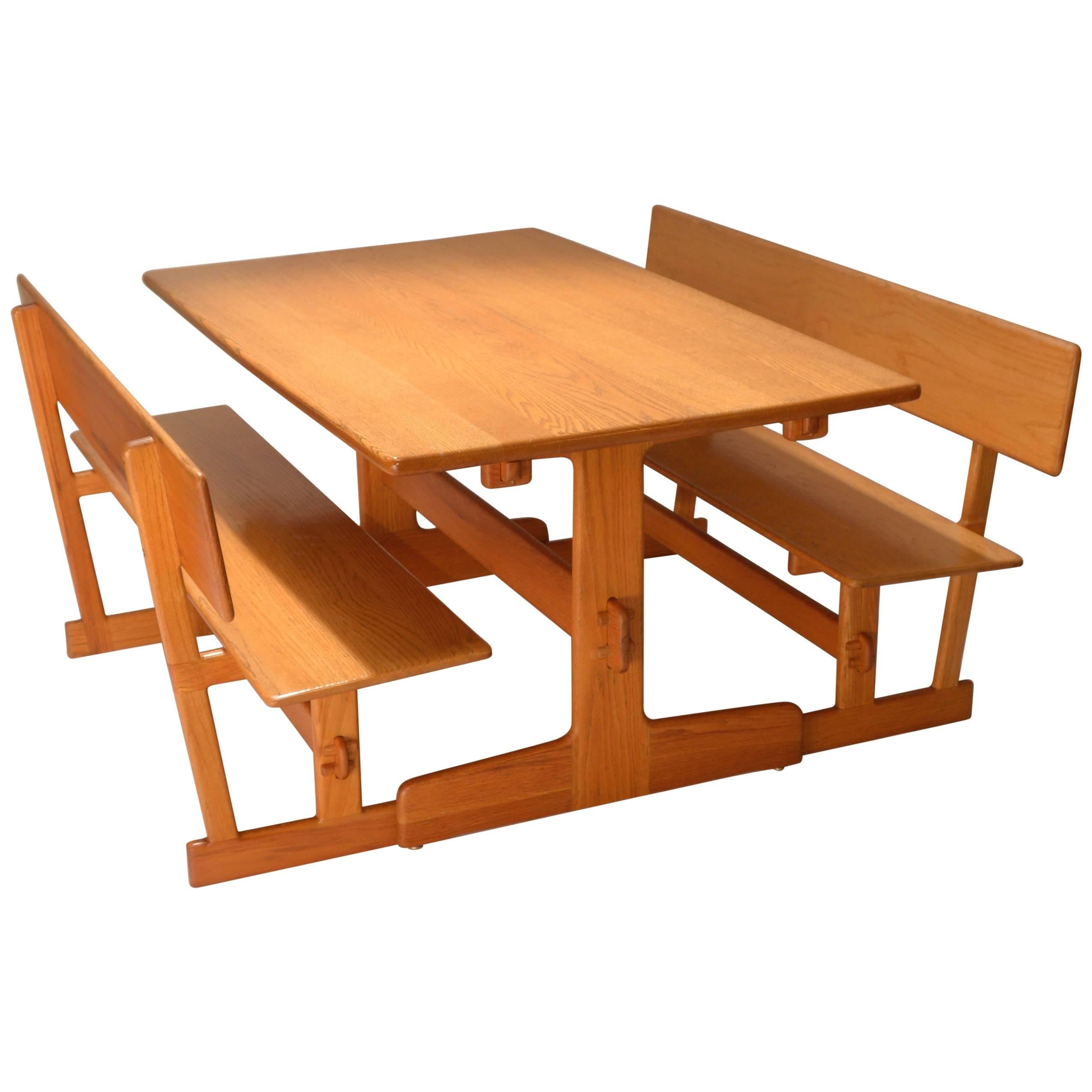 Gerald McCabe Oak Trestle Dining Table and Benches for Orange Crate Modern For Sale