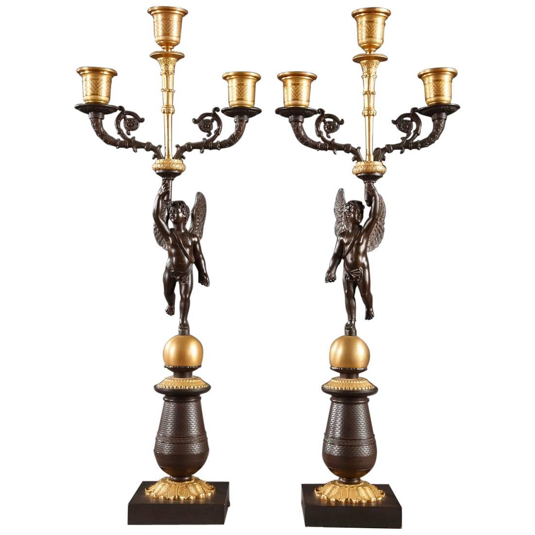 Pair of Early 19th Century Candelabras in Gilded and Patinated Bronze