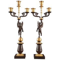 Pair of Early 19th Century Candelabras in Gilded and Patinated Bronze