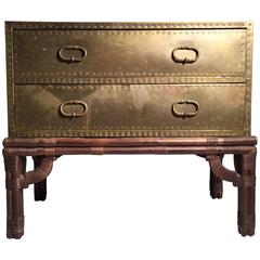Vintage Brass Clad Signed Sarreid Chest with Removable Rattan Base
