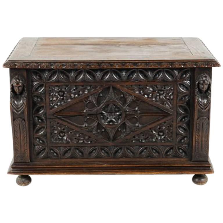 Antique French Highly Carved Gothic Style Blanket Box or Coffer, 19th Century