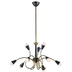 Brass and Black Metal Modernist Chandelier, circa 1960