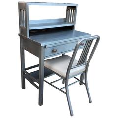 Industrial Arts & Crafts Brushed Steel and Leather Desk and Chair Set