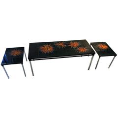 Fabulous Flower Power Italian Tile Coffee Table and Pair of End Tables