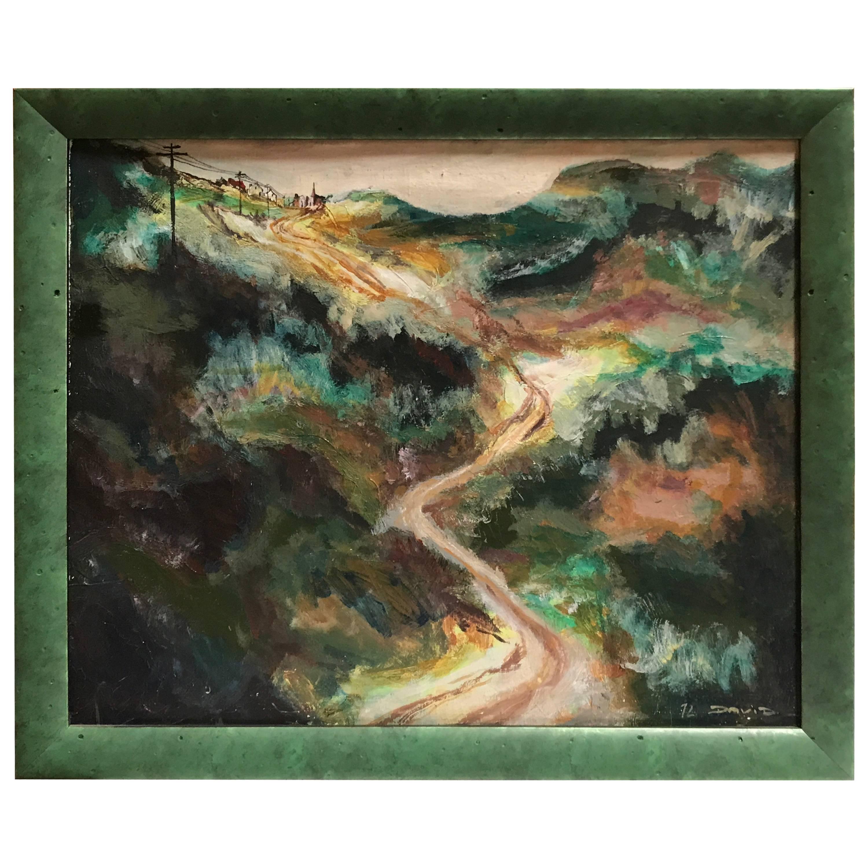 Charmante peinture d'un village de montagne français sur une route signée David